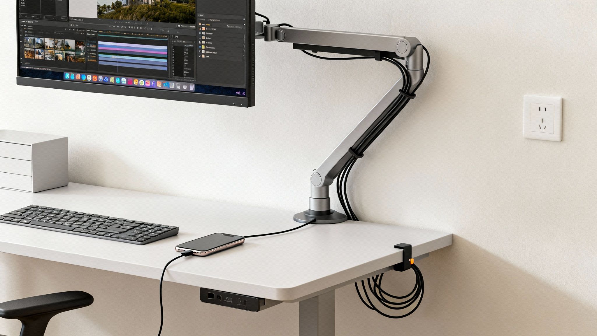 A clean, modern desk setup featuring a monitor on an arm, keyboard, and cable management.