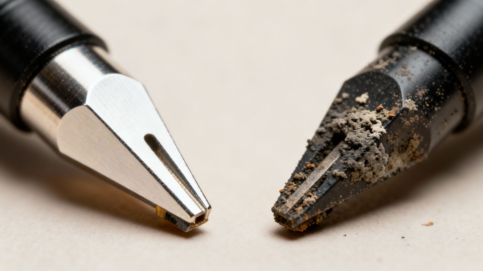 Close-up of a clean phono stylus tip contrasting with a dirty, debris-covered tip.