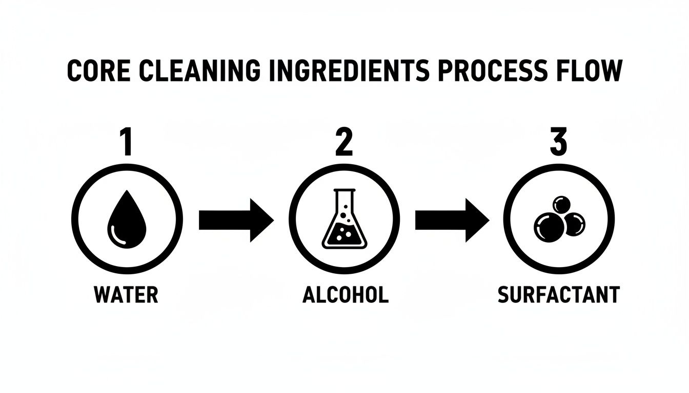 Flowchart detailing the three core cleaning ingredients: water, alcohol, and surfactant, in sequential order.