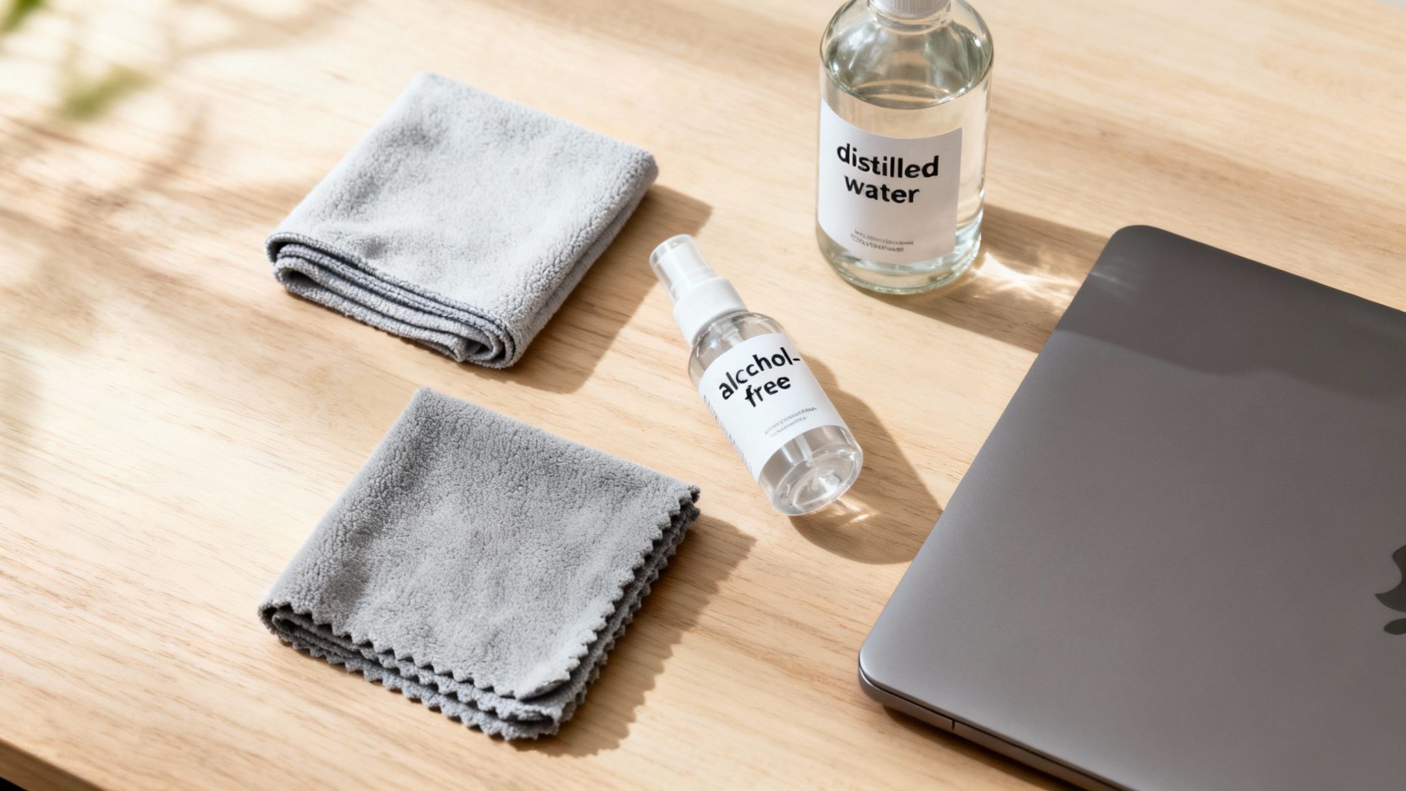Cleaning supplies for a laptop, including two cloths, distilled water, and an alcohol-free spray.