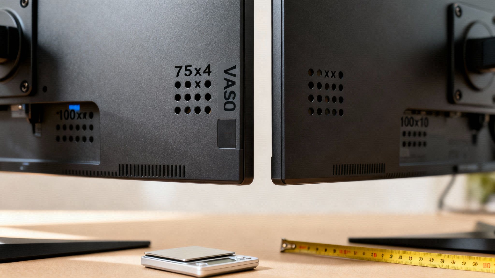 Back of two black monitors displaying VESA mounting patterns (75x4, 100x10) and ports.