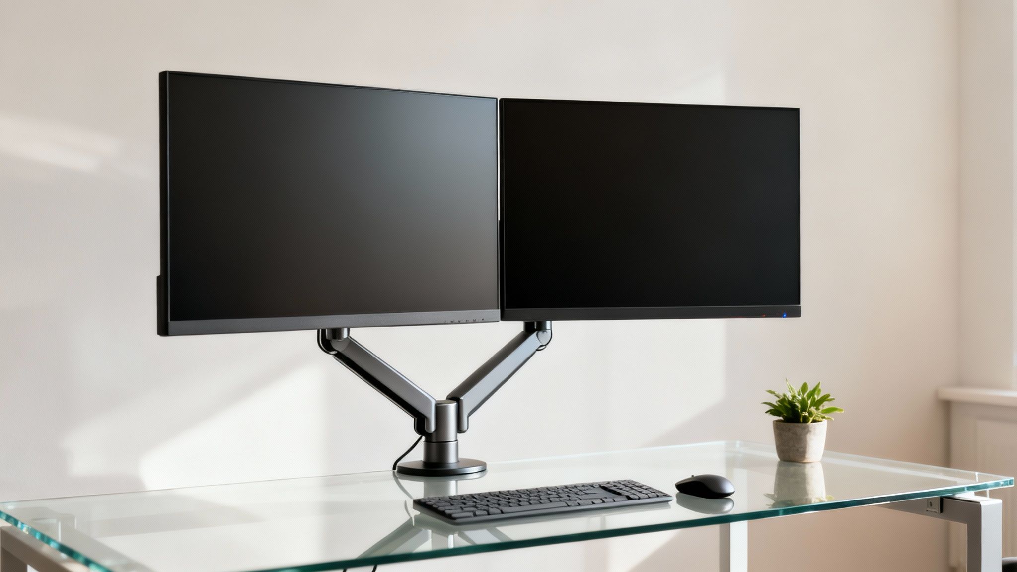 A clean home office setup with dual monitors on an arm, keyboard, mouse, and plant on a glass desk.