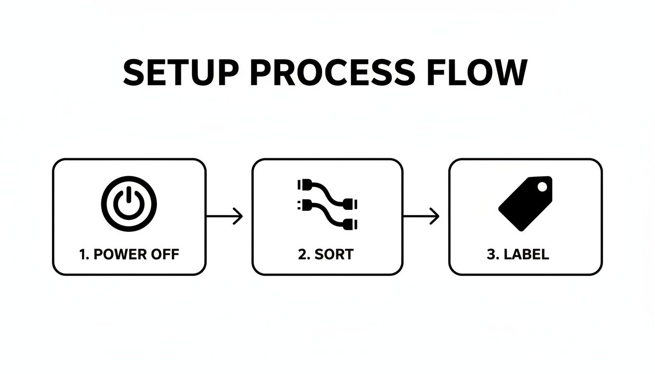 A setup process flow diagram illustrating three steps: power off, sort, and label.