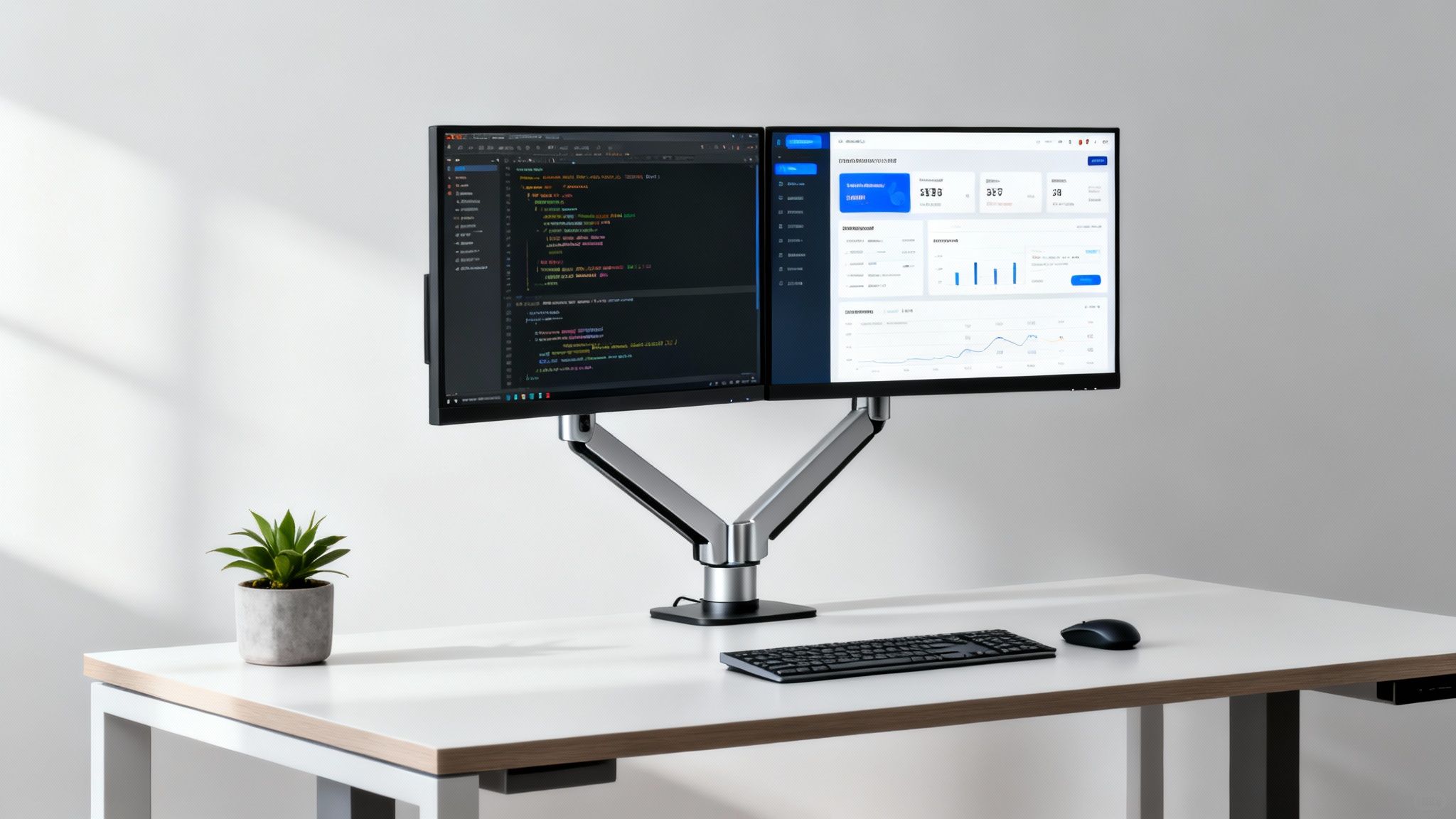 Two monitors on a silver dual arm display code and a dashboard on a clean white desk with a plant.