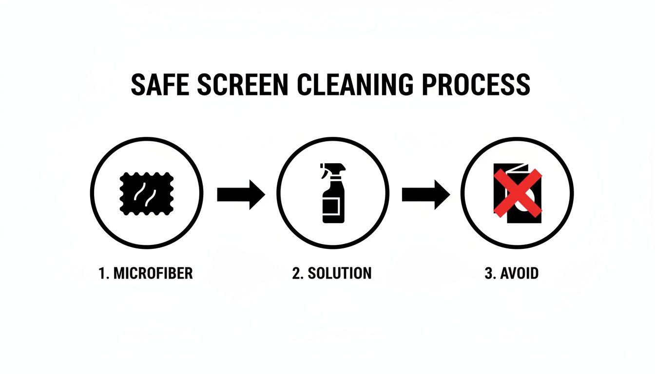 Infographic illustrating a safe screen cleaning process with icons for microfiber, solution, and items to avoid.