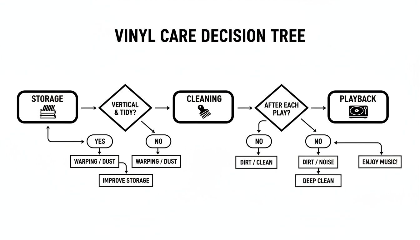 A vinyl record care decision tree flowchart illustrating steps for proper storage, cleaning, and playback to enjoy music.