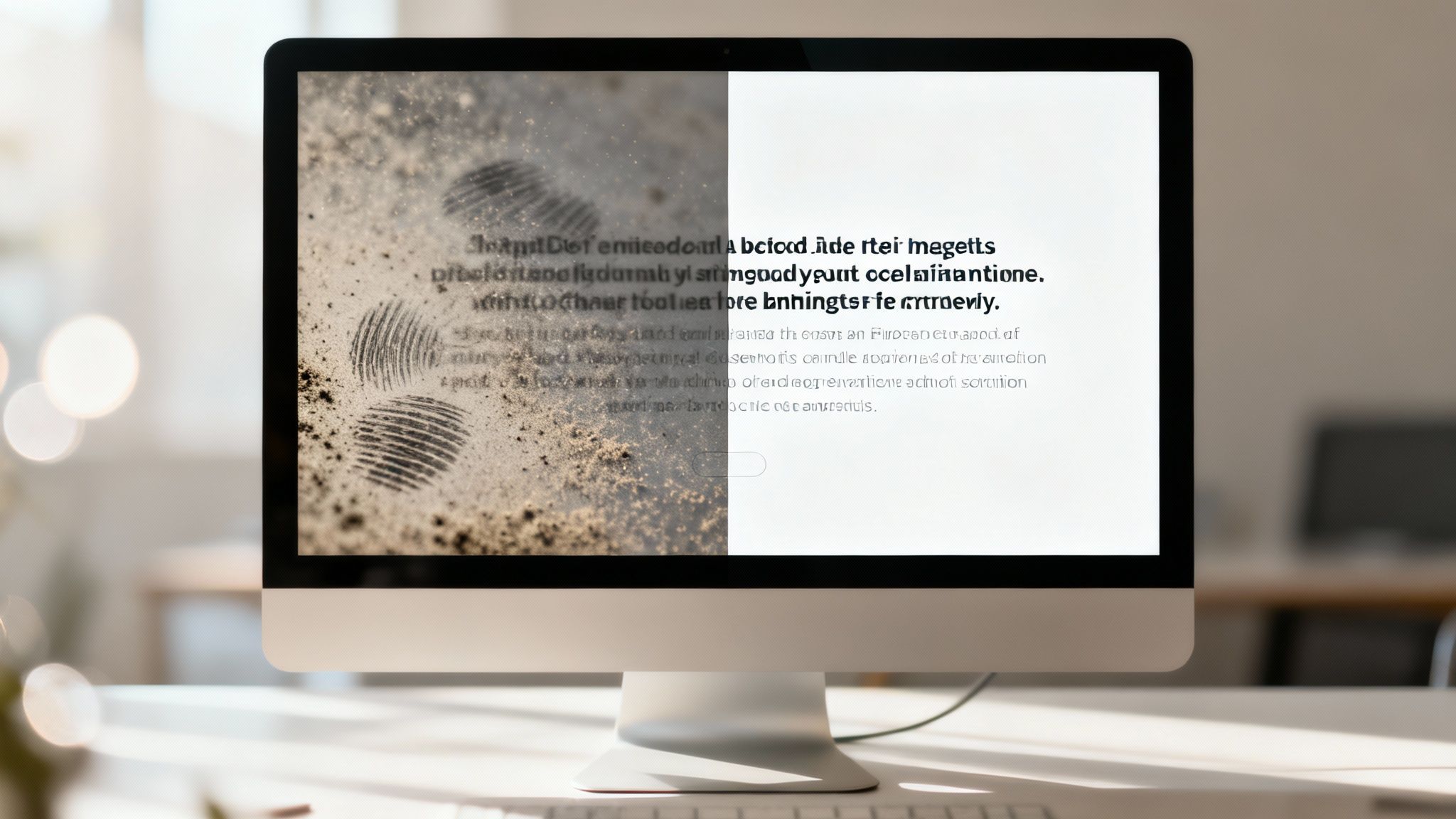 A desktop computer screen showing a dirty, fingerprinted display on the left and a clean, white side on the right.