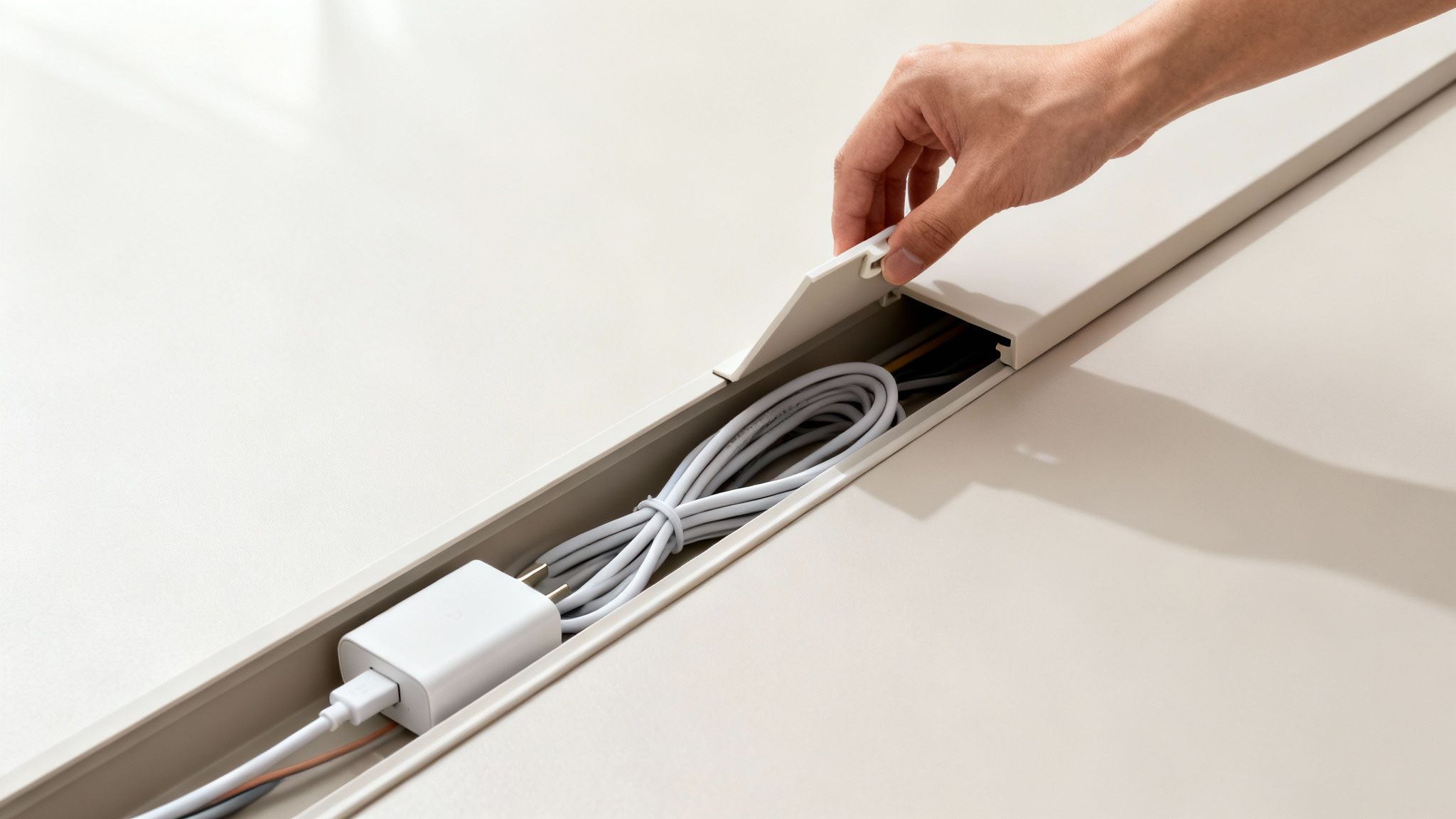 A hand opens a discreet desk cable management tray, revealing neatly organized white cables and a power adapter.