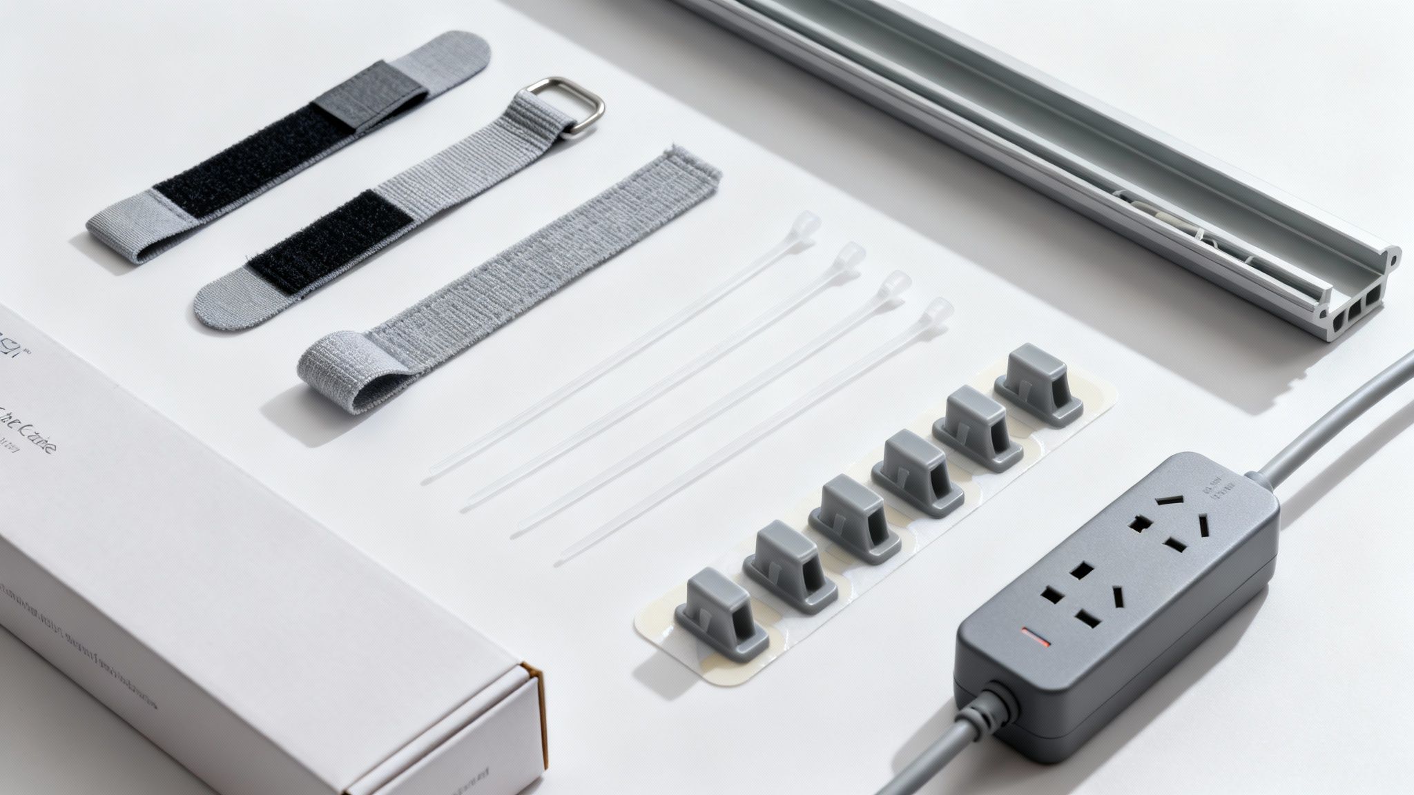 A collection of cable management tools, including Velcro straps, zip ties, clips, and a power strip.
