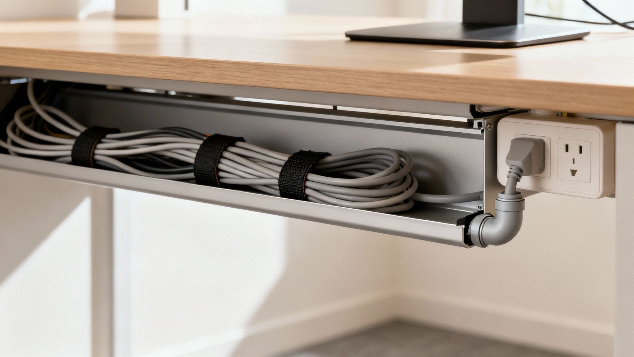 Under-desk cable management system with neatly bundled gray cables and a power strip.