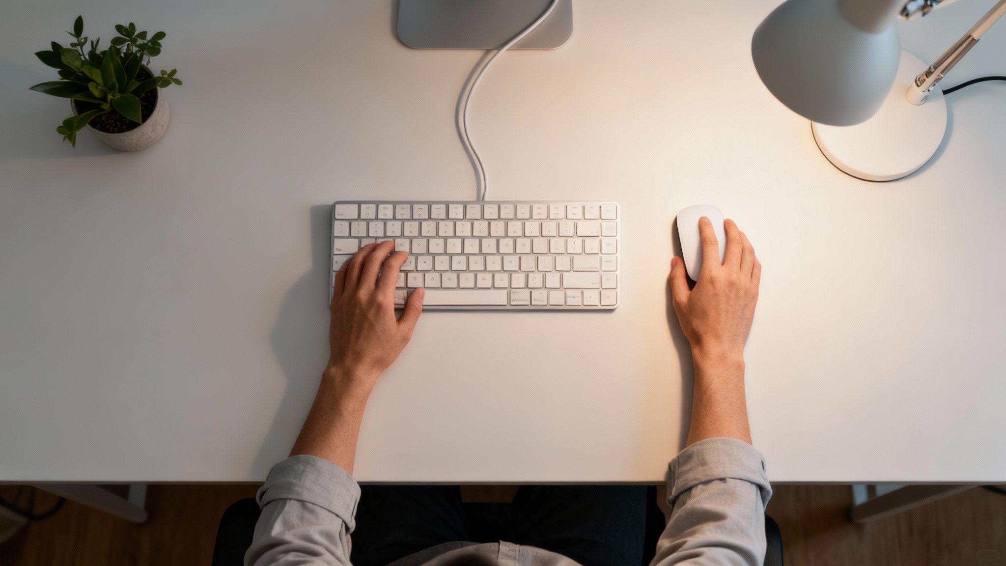 Top-down view of a person's hands typing on a keyboard and using a mouse at a tidy white desk.