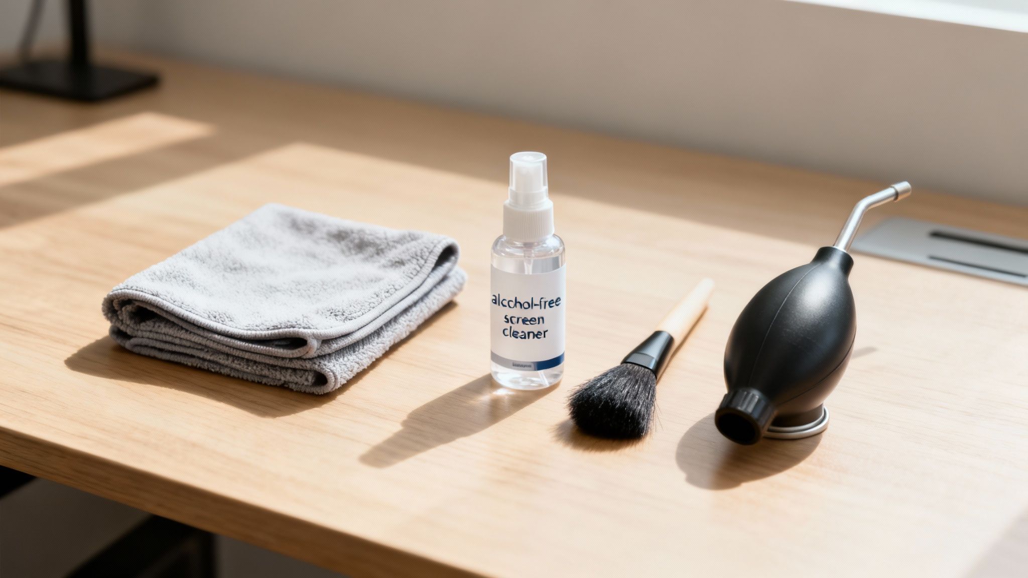 Various screen cleaning tools laid out on a wooden desk, including a microfiber cloth, spray cleaner, brush, and dust blower.