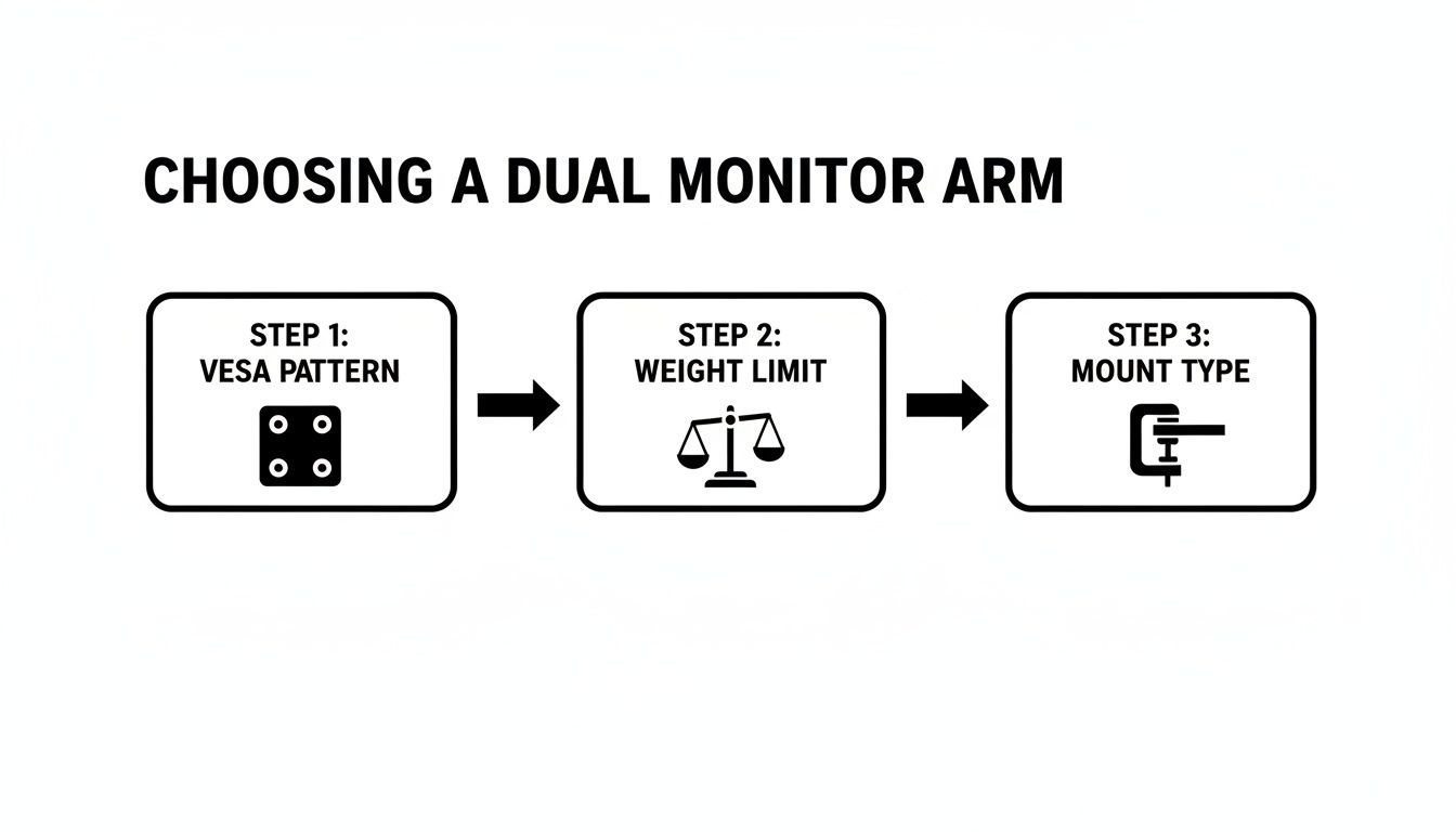 A flowchart outlining three steps to choose a dual monitor arm: VESA pattern, weight limit, and mount type.