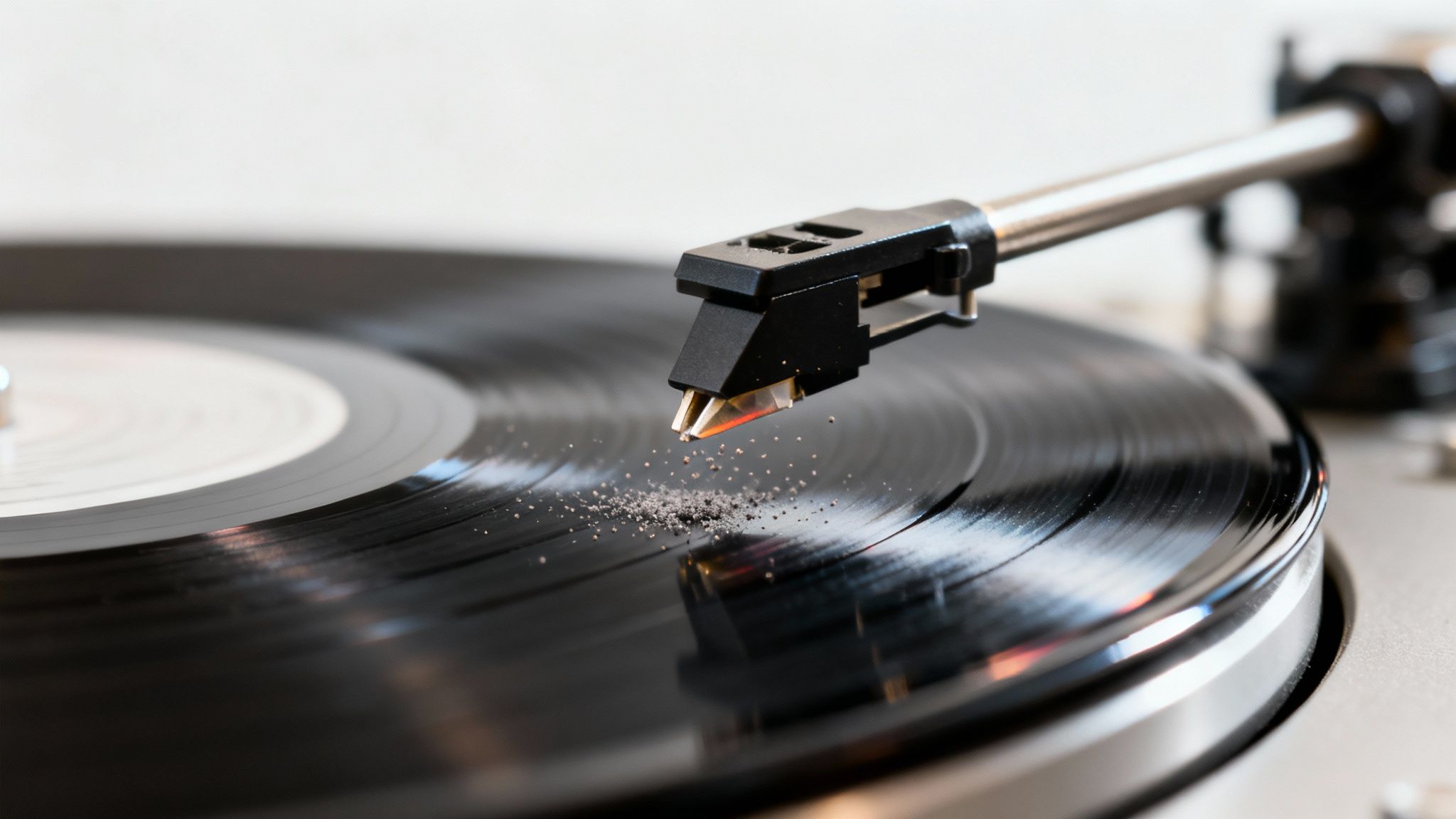 Close-up of a record player's stylus hovering above a dusty black vinyl record.