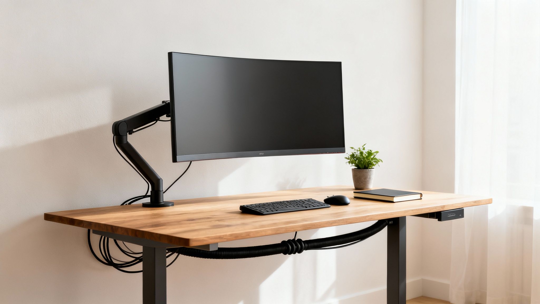 A modern, organized home office setup with a standing desk, monitor, keyboard, mouse, and neatly managed cables.