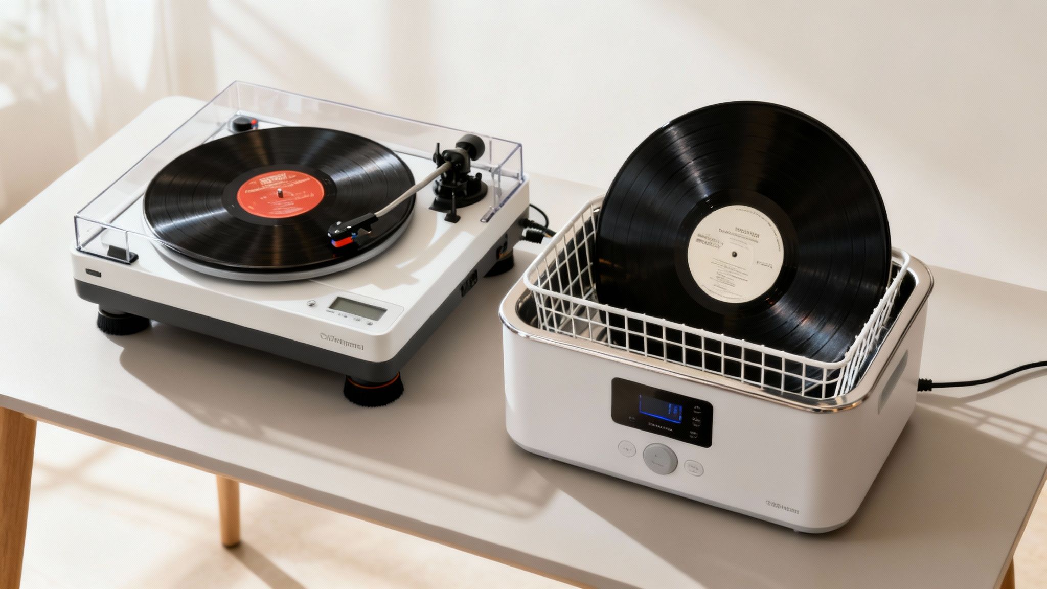 A white turntable with a vinyl record and an ultrasonic record cleaner with a record inside on a light table.