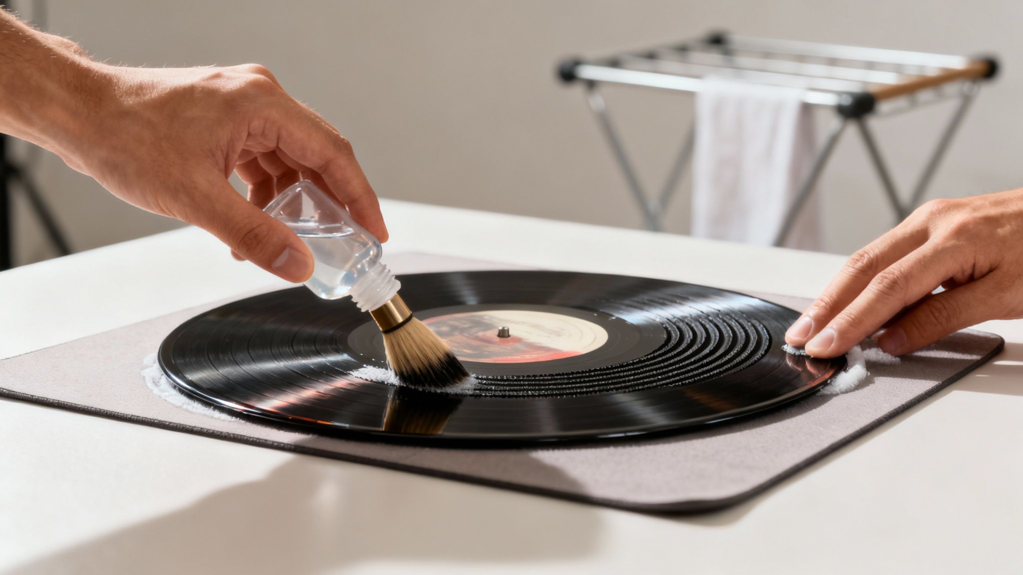Close-up of a person cleaning a vinyl record with a brush and cleaning solution on a mat.