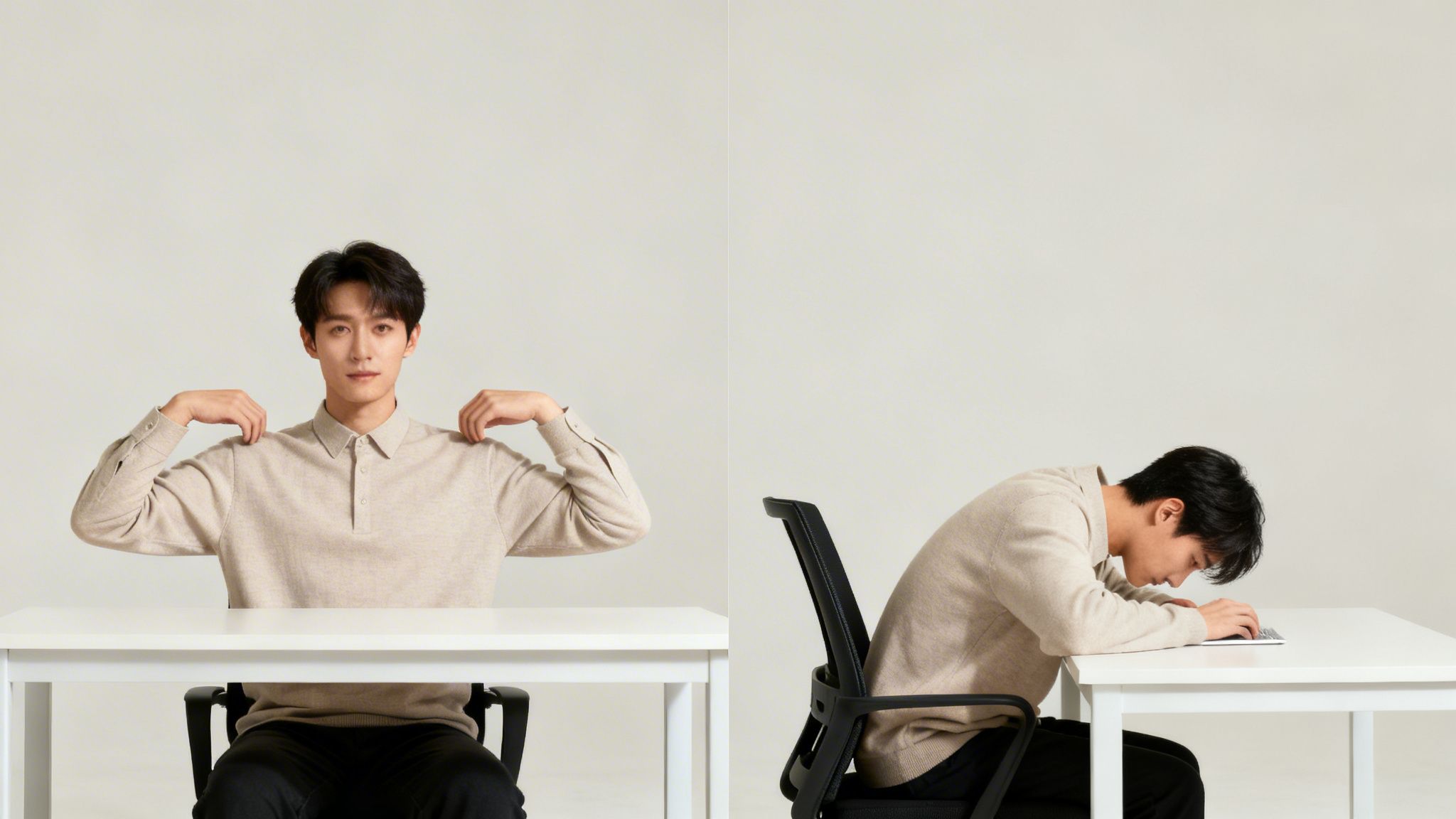A man demonstrates good posture, then poor, slumped posture while sitting at a white desk.