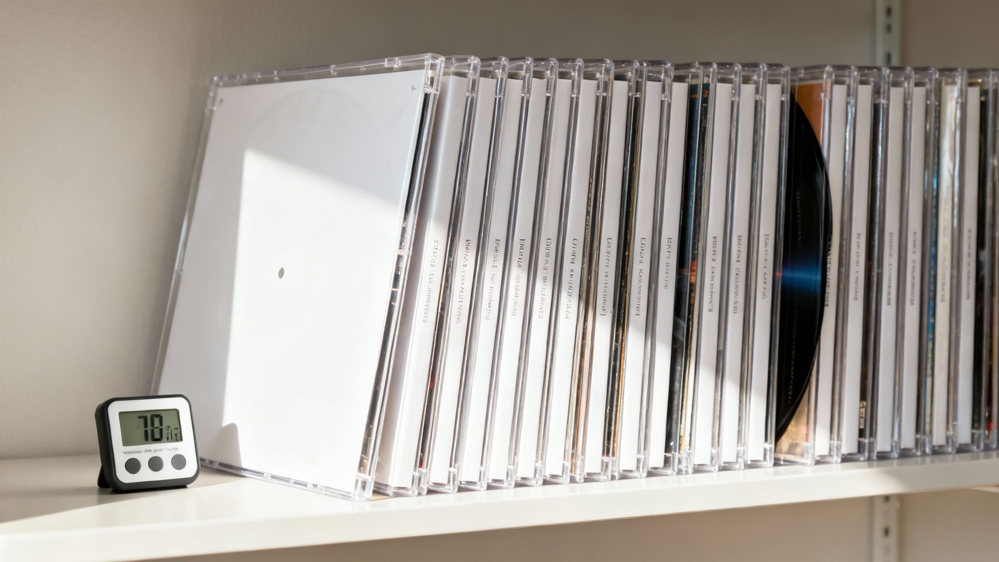 A collection of vinyl records in clear sleeves neatly organized on a white shelf next to a digital thermometer.