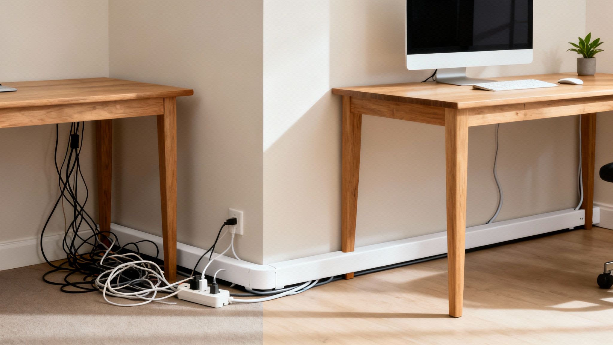 Before and after comparison of a desk showing messy cables versus neatly hidden cables.