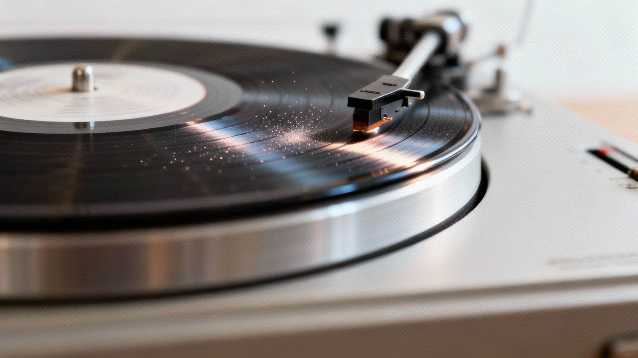 A close-up of a vinyl record playing on a turntable, with visible dust and static.