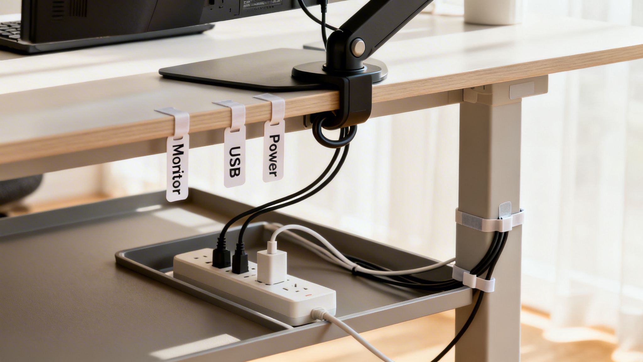 A desk with neatly labeled monitor, USB, and power cables, showcasing effective cable management.