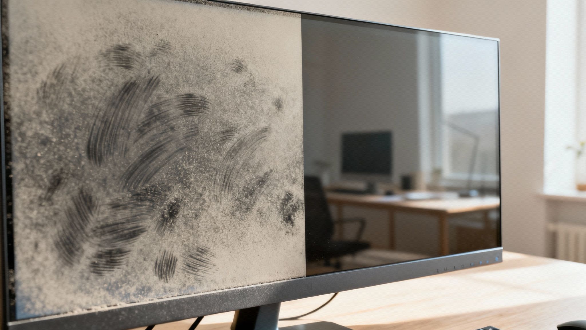 Side-by-side view of a dusty, smudged computer monitor next to a sparkling clean screen.