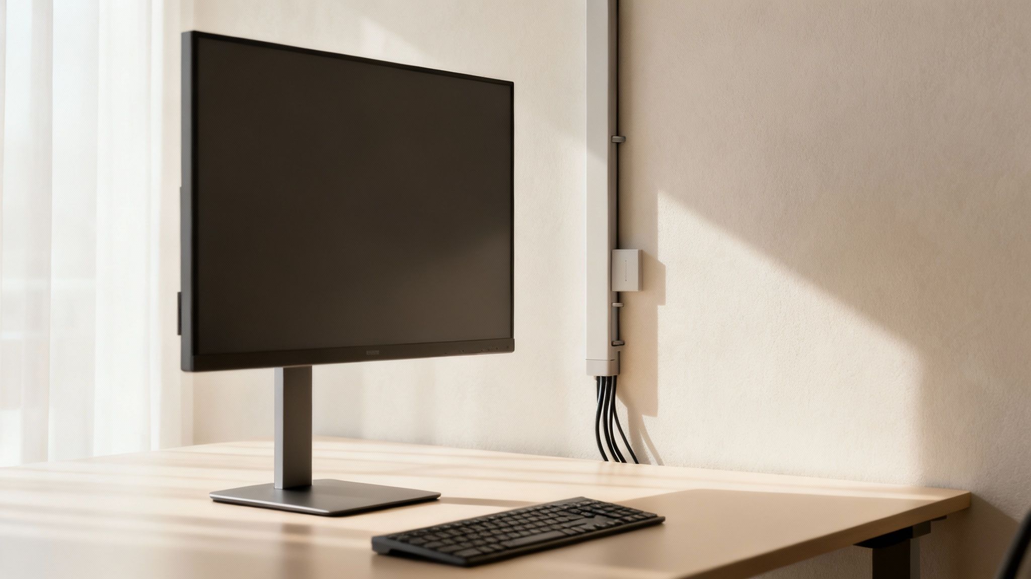 A minimalist desk setup with a monitor and keyboard, featuring neat vertical cable management on the wall.