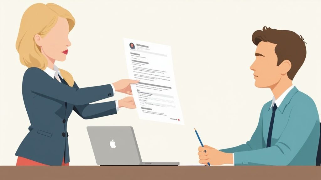 A professional working on a laptop, focused on crafting a compelling application.