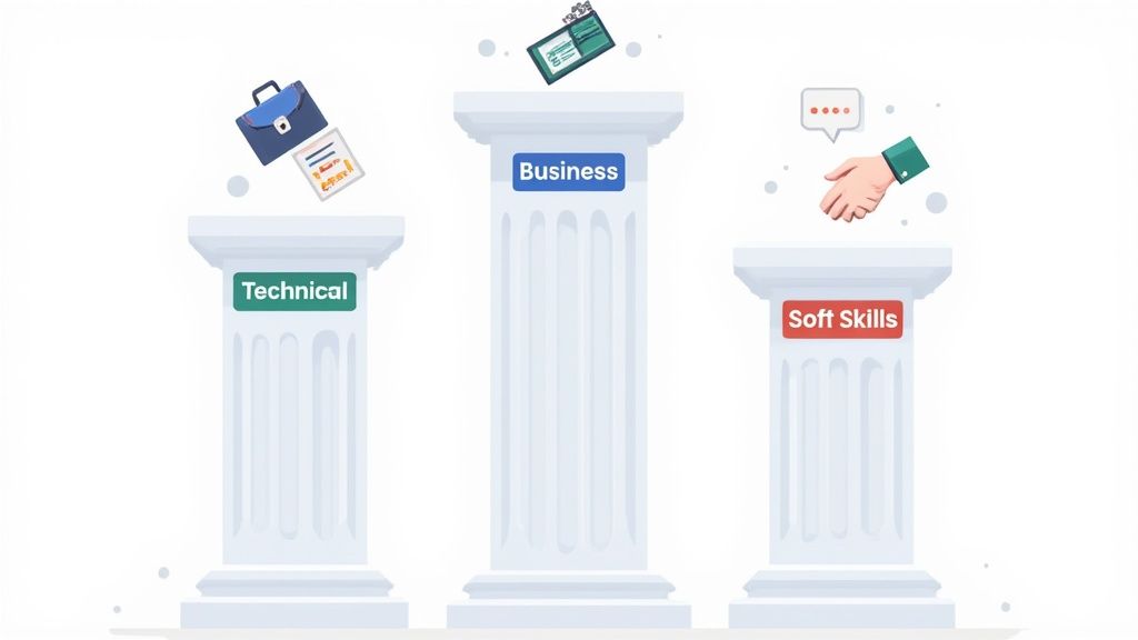 Three pillars representing Technical, Business, and Soft Skills, key foundations for professional success.