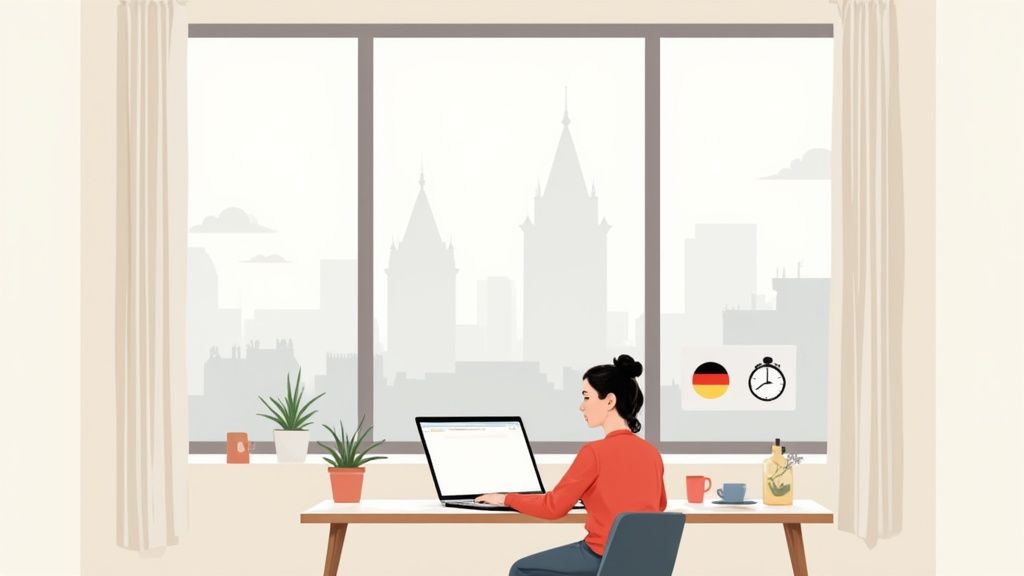 Woman working on laptop at home office desk with city skyline visible through large window.