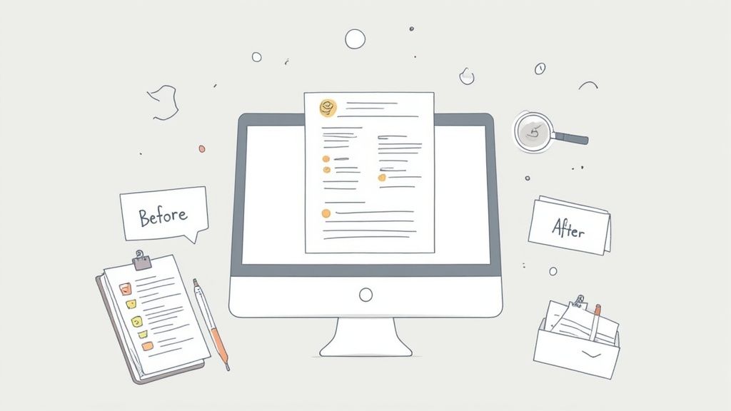 Illustration of a desk with a computer displaying a resume, a checklist, and 'Before' and 'After' notes.