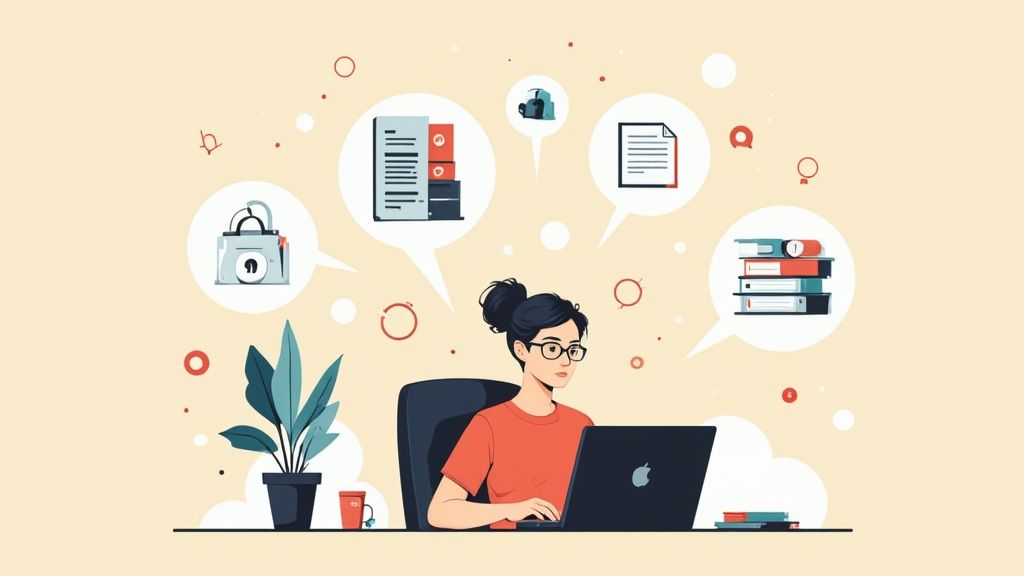 A person working remotely on a laptop with data entry interfaces on the screen