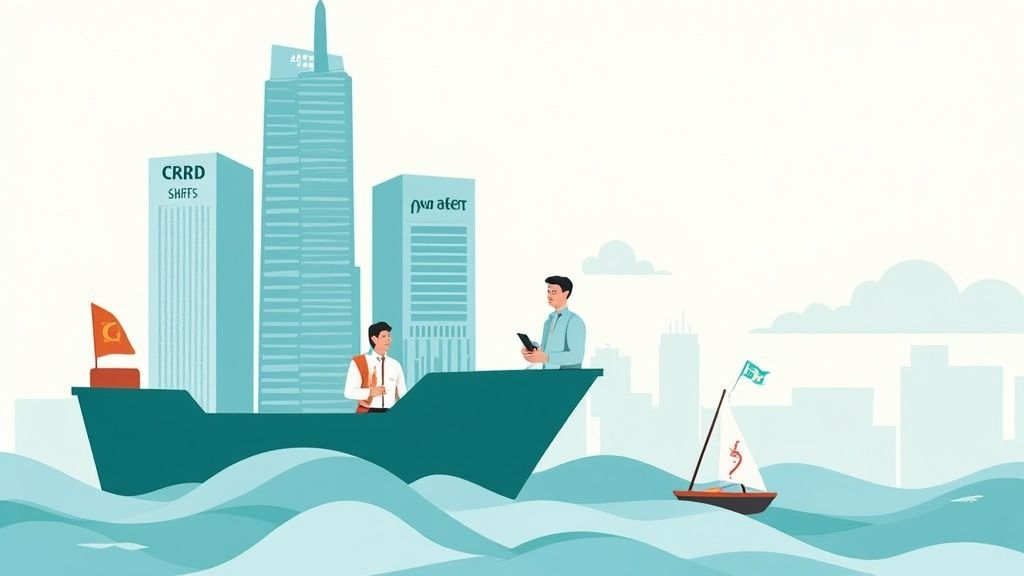 A group of professionals discussing a project with solar panels in the background