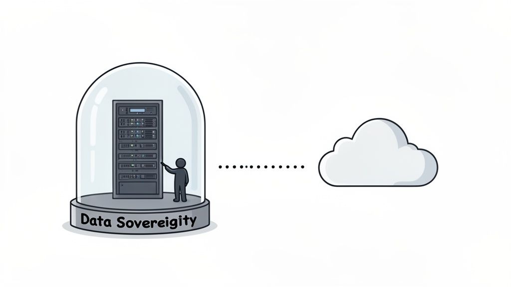Illustration of a server rack under a glass dome labeled 'Data Sovereignty' connecting to a cloud.