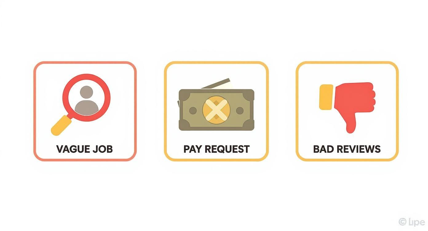 Three icons illustrating vague job descriptions, pay requests, and bad reviews as online work red flags.