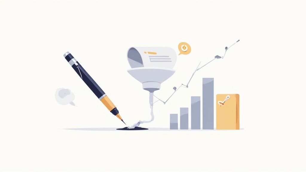An illustration showing a pen writing, a funnel, and charts depicting growth, representing high-income skills.