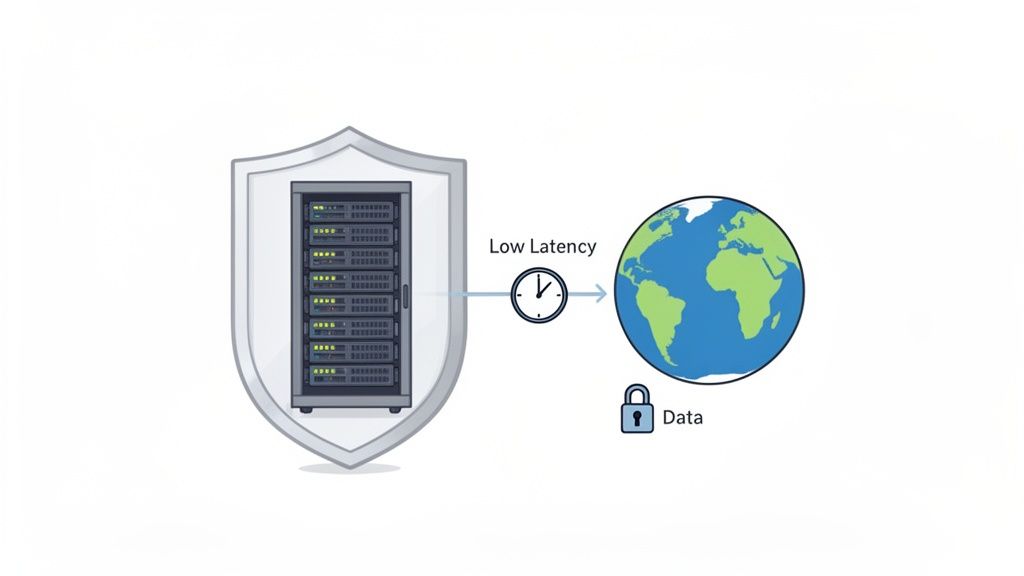 A shielded server provides low latency data transfer globally, emphasizing speed and security.