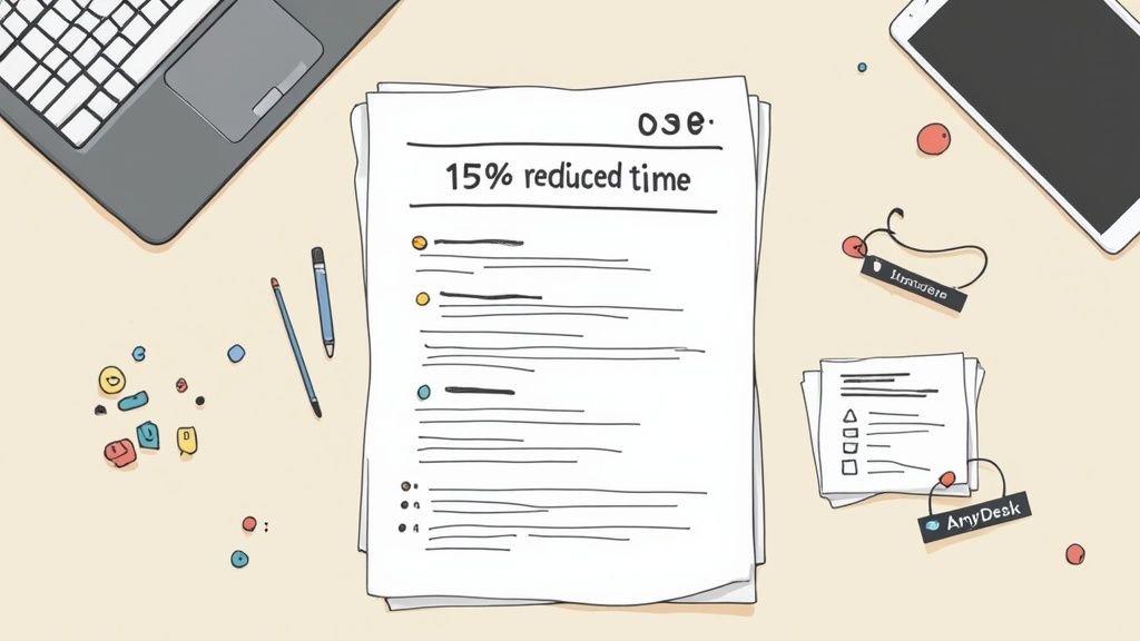 A flat lay of a desk with a laptop, tablet, stationery, and documents mentioning "15% reduced time" and "AnyDesk".