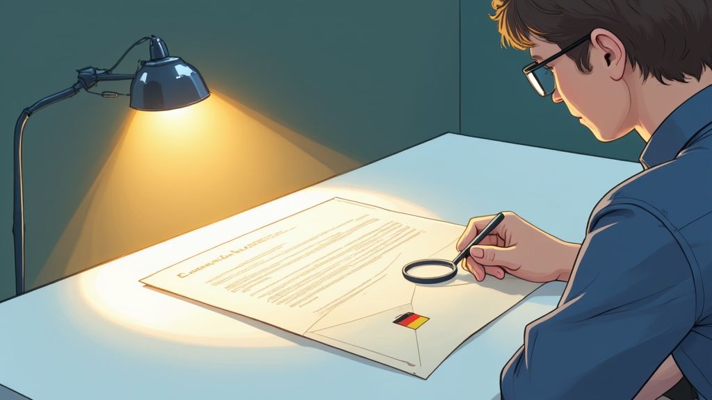 Person wearing glasses examining official document with magnifying glass under desk lamp