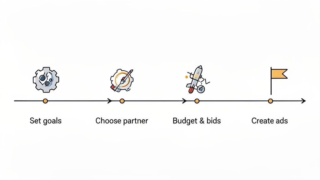 A linear process infographic showing four steps: Set goals, Choose partner, Budget & bids, and Create ads.