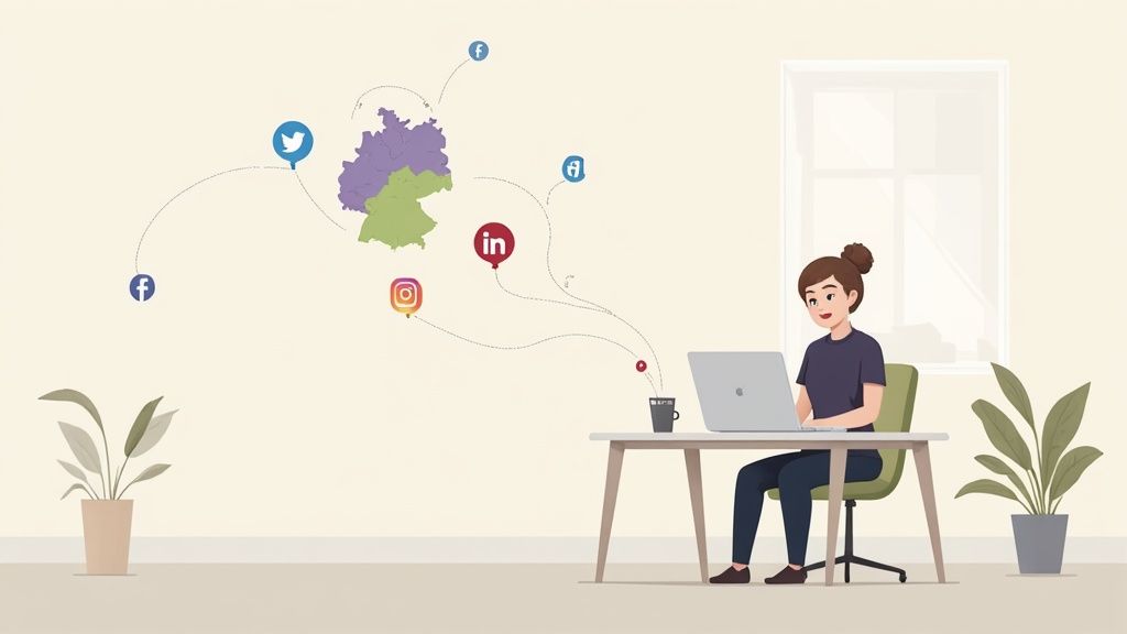 A person working on a laptop at a desk with plants, representing a remote work setup.