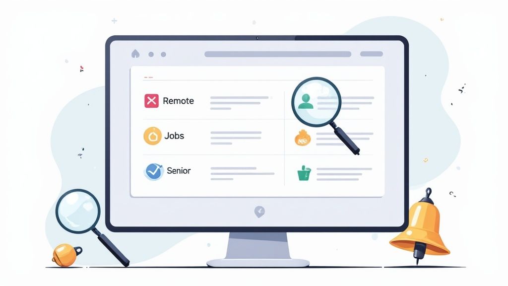 A computer screen displaying job search options for remote and senior positions, with magnifying glasses and a bell.