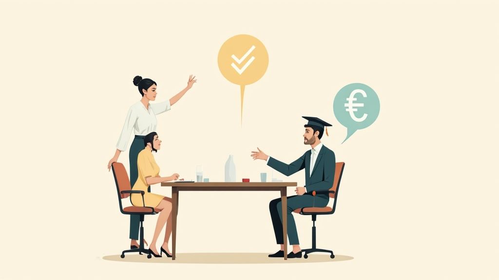 A graduate confidently shaking hands with a hiring manager after a successful job interview in a modern office.