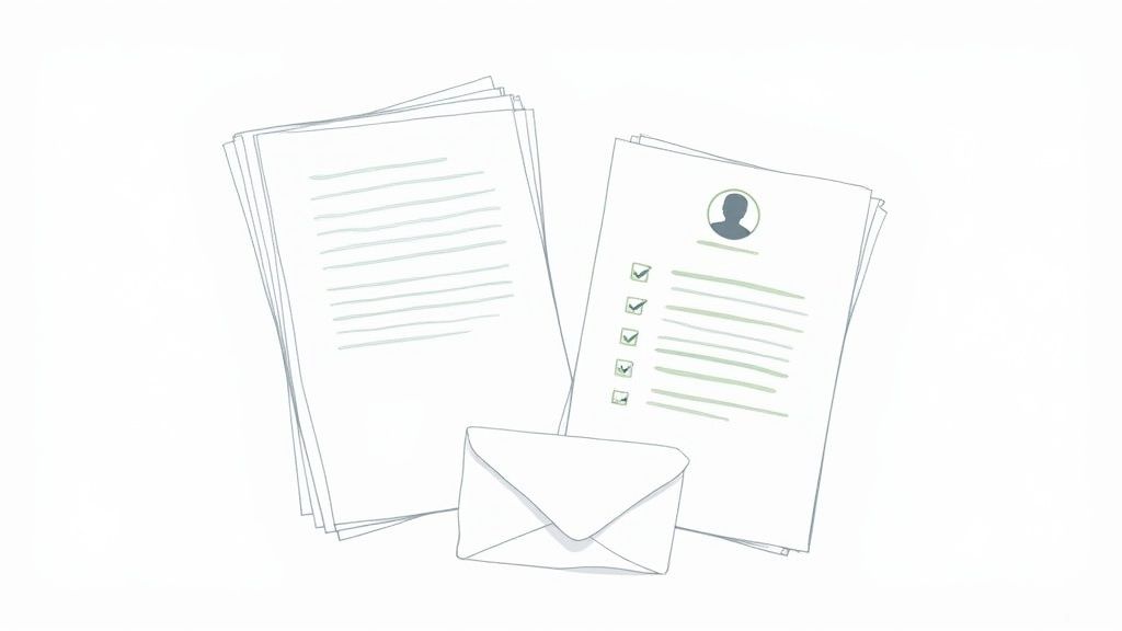 A professional desk setup showing a CV and cover letter on a laptop screen, ready for submission.