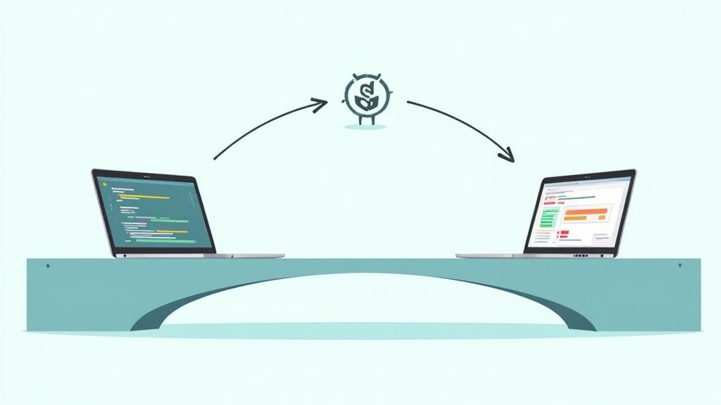 Illustration showing two laptops on a bridge, symbolizing the integration of GitHub code with Jira project management.
