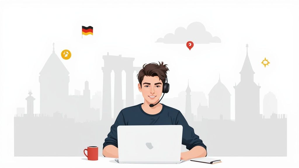 Smiling man in headset with laptop, offering remote IT support with German city background.