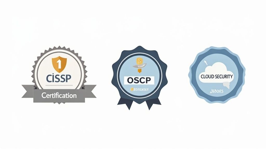 Three professional cybersecurity certification badges including CISSP, OSCP, and Cloud Security certifications
