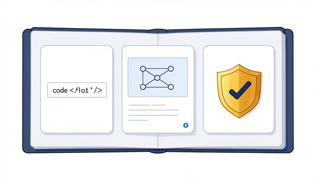 An open book displaying cards with code, a network diagram, and a security shield.