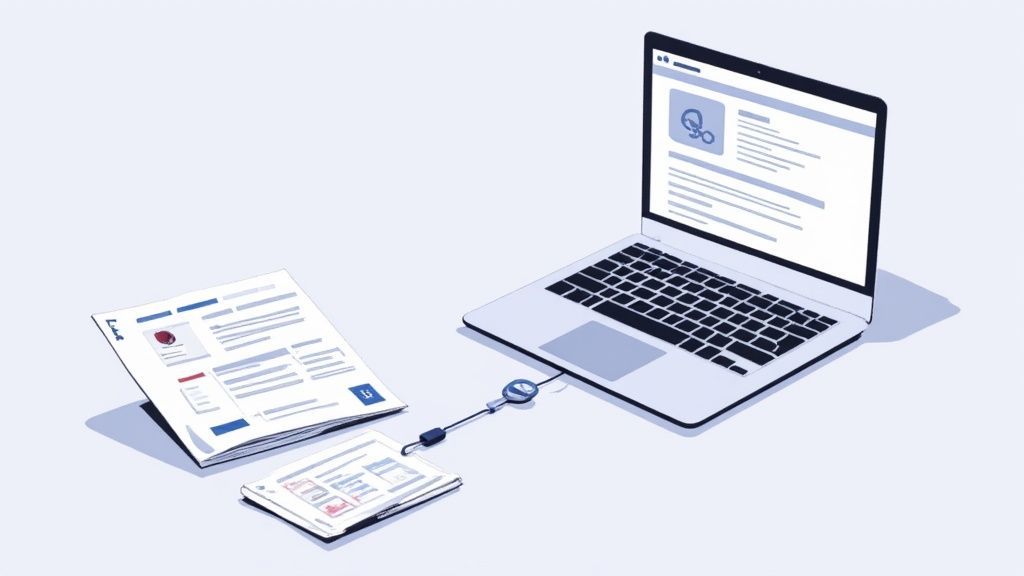 A person refining their CV on a laptop with a focused expression